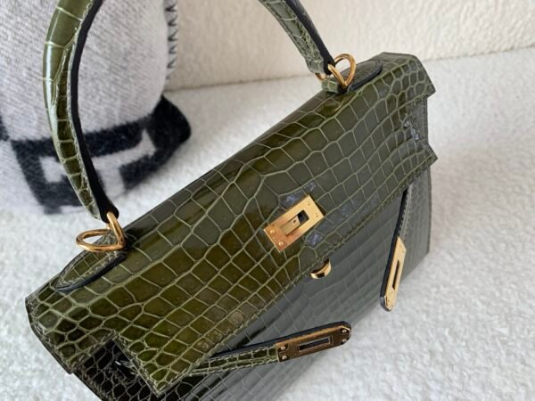 Top Handmade Kelly 25cm 61 Vert Olive Porosus Leather Gold Hardware