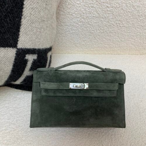wsxc1775052624706_0 Kelly Pochette 22CM C6 Vert De Gris Suede Leather Sliver Hardware Top Handmade