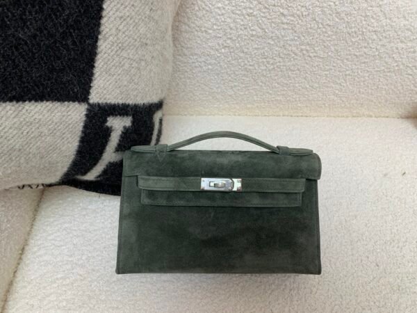 Kelly Pochette 22CM C6 Vert De Gris Suede Leather Sliver Hardware Top Handmade