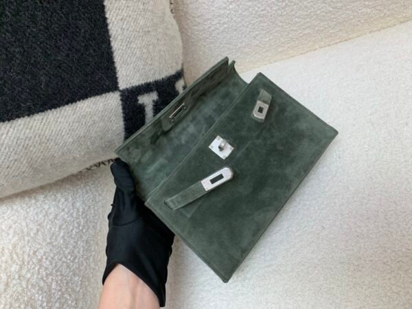 Kelly Pochette 22CM C6 Vert De Gris Suede Leather Sliver Hardware Top Handmade