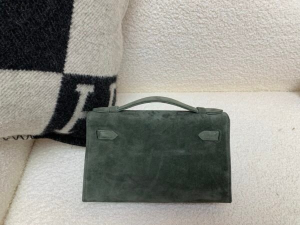 Kelly Pochette 22CM C6 Vert De Gris Suede Leather Sliver Hardware Top Handmade