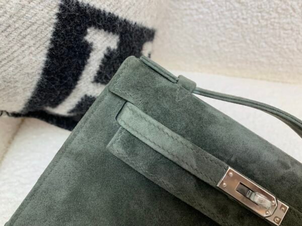 Kelly Pochette 22CM C6 Vert De Gris Suede Leather Sliver Hardware Top Handmade
