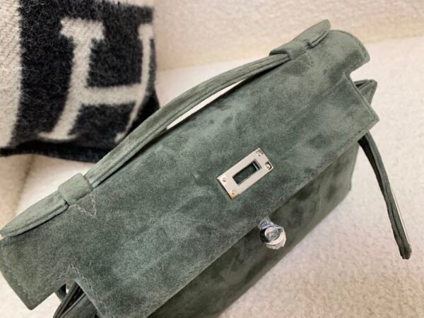 Kelly Pochette 22CM C6 Vert De Gris Suede Leather Sliver Hardware Top Handmade