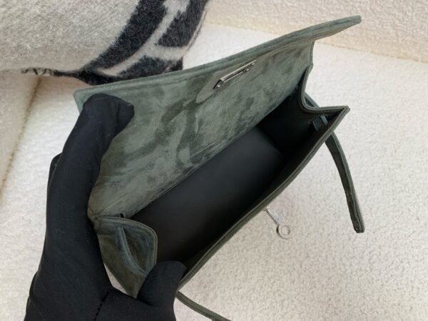 Kelly Pochette 22CM C6 Vert De Gris Suede Leather Sliver Hardware Top Handmade