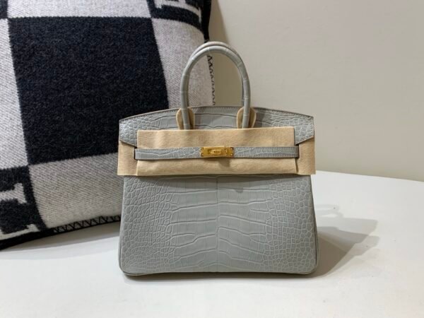 Global Shipping Birkin 25 80 Gris Perle Gold Hardware Lady Handle bag Full Handmade
