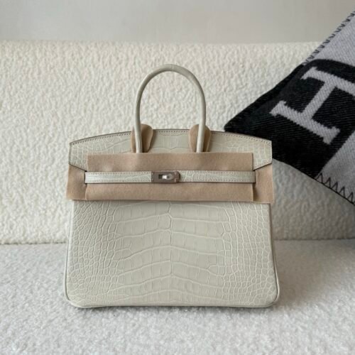 Full Handmade Birkin 25cm 8L Beton Alligator Leather Silver Hardware
