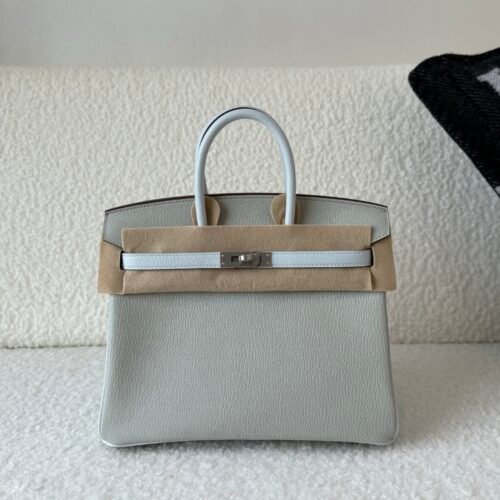Global Shipping Birkin 25cm chevre Leather 80 Gris Perle T0 Bleu Brume Silver Hardware