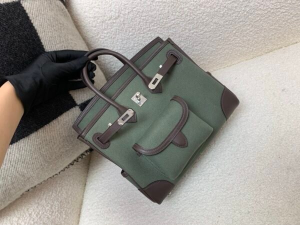 Birkin Cargo 25CM 60 Vert Bronze Top Handmade Canvas swift leather silver hardware