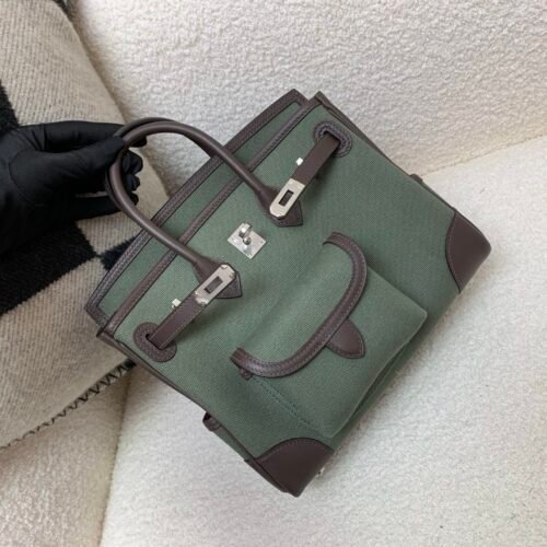 Birkin Cargo 25CM 60 Vert Bronze Top Handmade Canvas swift leather silver hardware