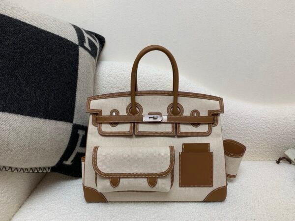 Top Handmade Quality Birkin Cargo 35CM CK37 Gold Canvas/ Swift Leather Silver Hardware
