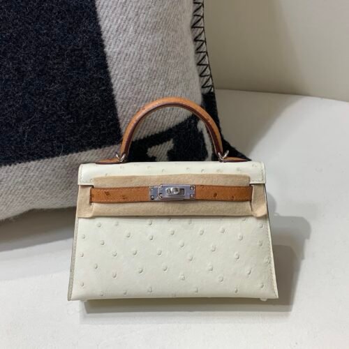 Mini Kelly 19CM 3C Parchemin CK37 Gold Ostrich Leather Silver Hardware Top Handmade