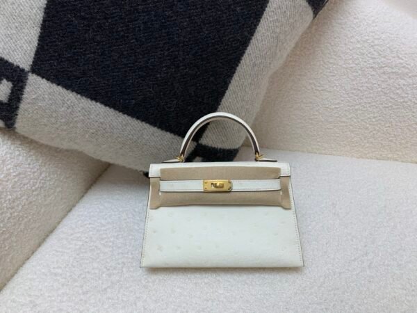 Top Handmade Mini Kelly 19CM i2 Nata Ostrich Leather Gold Hardware