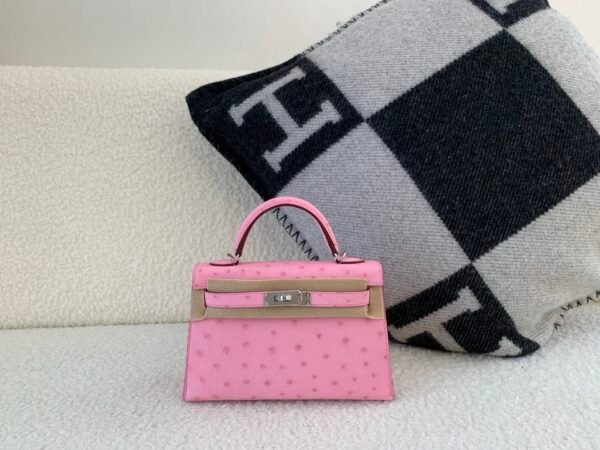 Mini Kelly 19CM L4 Rose Bubblegum Ostrich Leather Silver Hardware Top Handmade