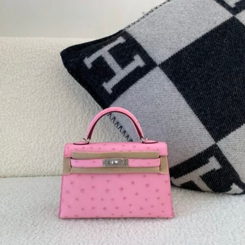 Mini Kelly 19CM L4 Rose Bubblegum Ostrich Leather Silver Hardware Top Handmade