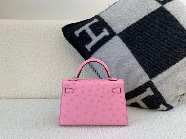 Mini Kelly 19CM L4 Rose Bubblegum Ostrich Leather Silver Hardware Top Handmade