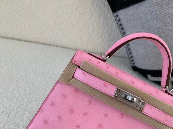 Mini Kelly 19CM L4 Rose Bubblegum Ostrich Leather Silver Hardware Top Handmade