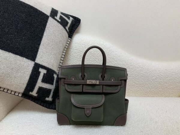 Birkin Cargo 25CM 60 Vert Bronze Canvas/ Swift Leather Silver Hardware Full Handmade