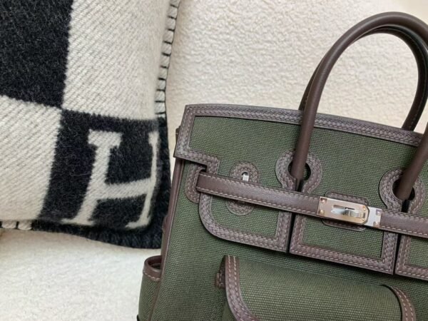 Birkin Cargo 25CM 60 Vert Bronze Canvas/ Swift Leather Silver Hardware Full Handmade
