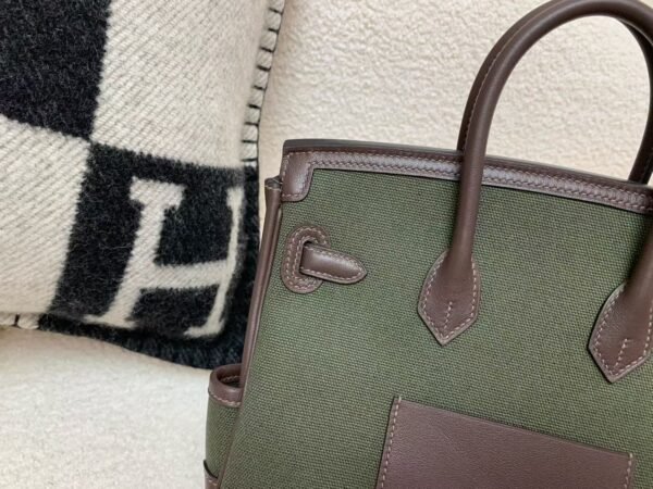 Birkin Cargo 25CM 60 Vert Bronze Canvas/ Swift Leather Silver Hardware Full Handmade