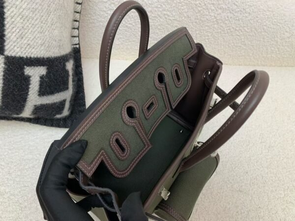 Birkin Cargo 25CM 60 Vert Bronze Canvas/ Swift Leather Silver Hardware Full Handmade