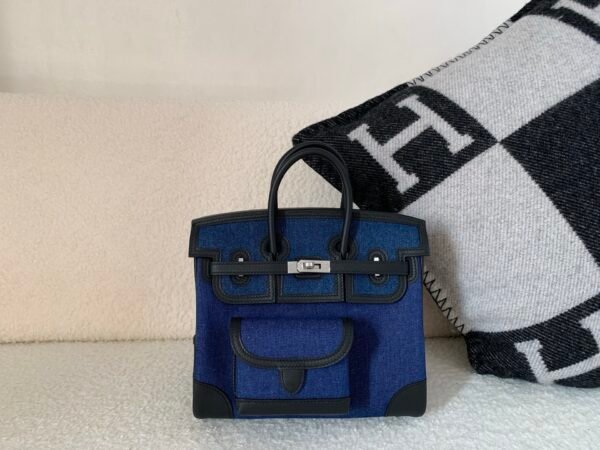 Top Handmade Birkin Cargo 25CM 75 Bleu Jean Canvas Swift Leather Silver Hardware