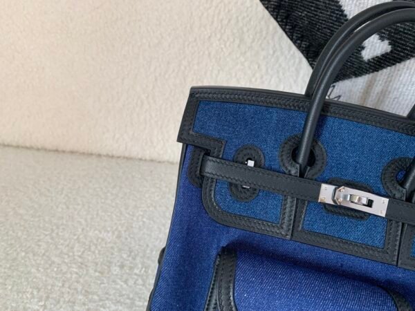 Top Handmade Birkin Cargo 25CM 75 Bleu Jean Canvas Swift Leather Silver Hardware