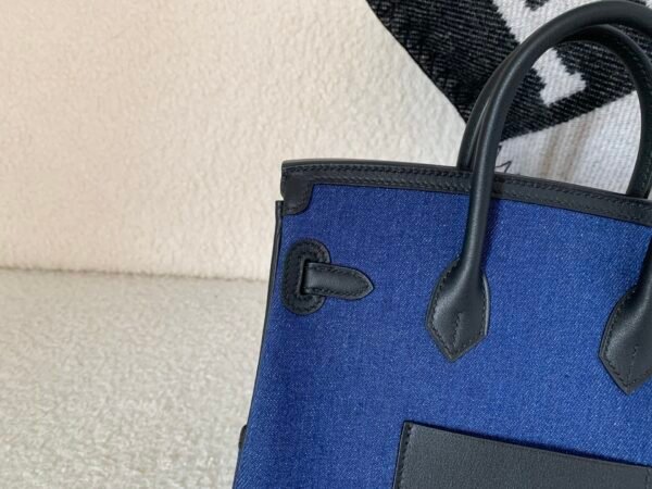 Top Handmade Birkin Cargo 25CM 75 Bleu Jean Canvas Swift Leather Silver Hardware