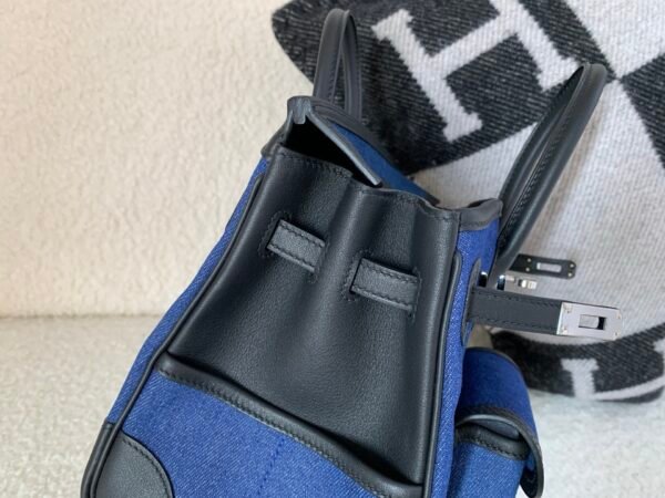 Top Handmade Birkin Cargo 25CM 75 Bleu Jean Canvas Swift Leather Silver Hardware