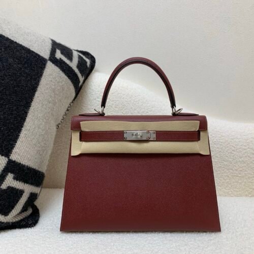 Global Shipping Kelly 25CM 57 Bordeaux Epsom Leather Silver Hardware