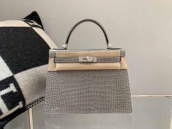 Kelly 28CM 0V Gris Ciment Porosus Leather Diamond clasp Global shipping