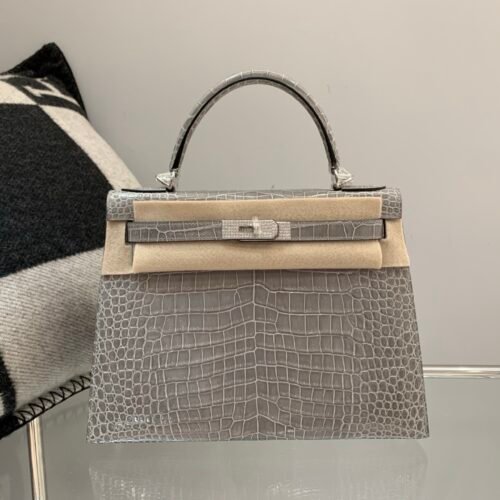 wsxc1782490387399_0 Kelly 28CM 0V Gris Ciment Porosus Leather Diamond clasp Global shipping
