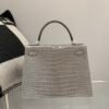 Kelly 28CM 0V Gris Ciment Porosus Leather Diamond clasp Global shipping