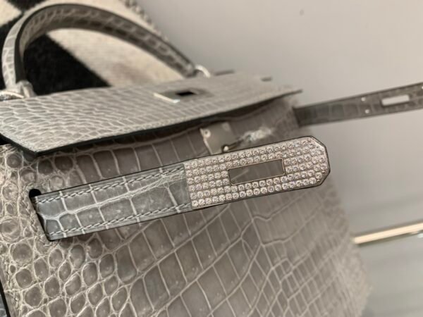 Kelly 28CM 0V Gris Ciment Porosus Leather Diamond clasp Global shipping