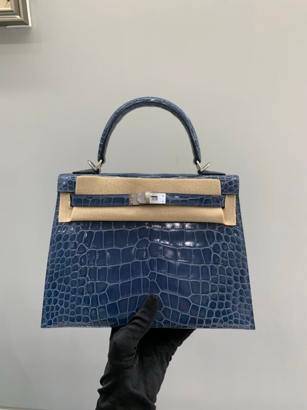 Full Handmade Kelly 25cm N7 Bleu Tempete Alligator Leather Original Quality