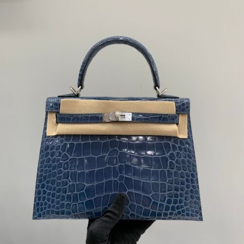 Full Handmade Kelly 25cm N7 Bleu Tempete Alligator Leather Original Quality