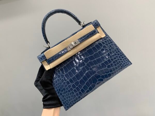 Full Handmade Kelly 25cm N7 Bleu Tempete Alligator Leather Original Quality