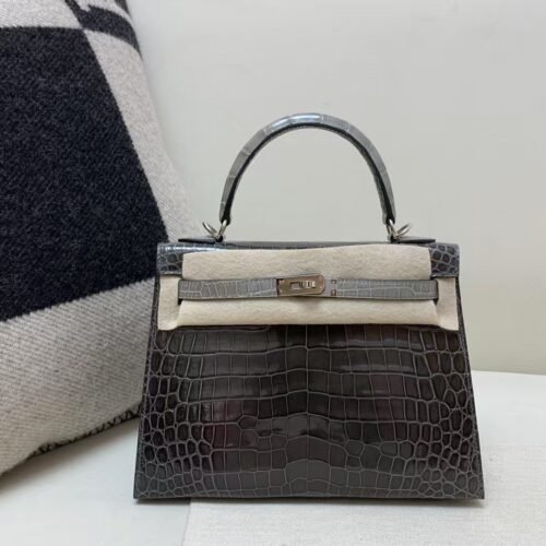 wsxc1783617500210_0 Kelly 25cm Top Handmade 88 Graphite Alligator Leather Silver Hardware