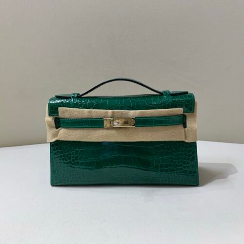 Kelly Pochette 22CM 67 Vert Fonce Alligator Leather Gold Hardware Top Handmade